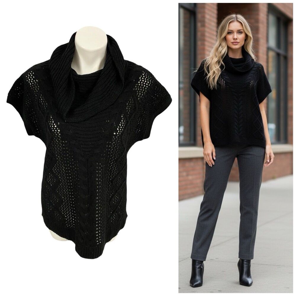 GNW Sweater Womens Small Black Crochet Loose Knit Cowl Neck Relaxed Cabin Winter